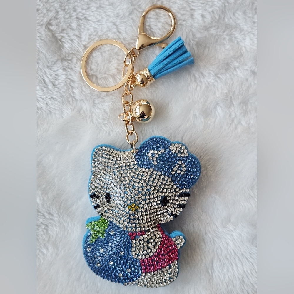 Hello Kitty Cute Rhinestone Cat With Blue Berry Keychain Bag Charm